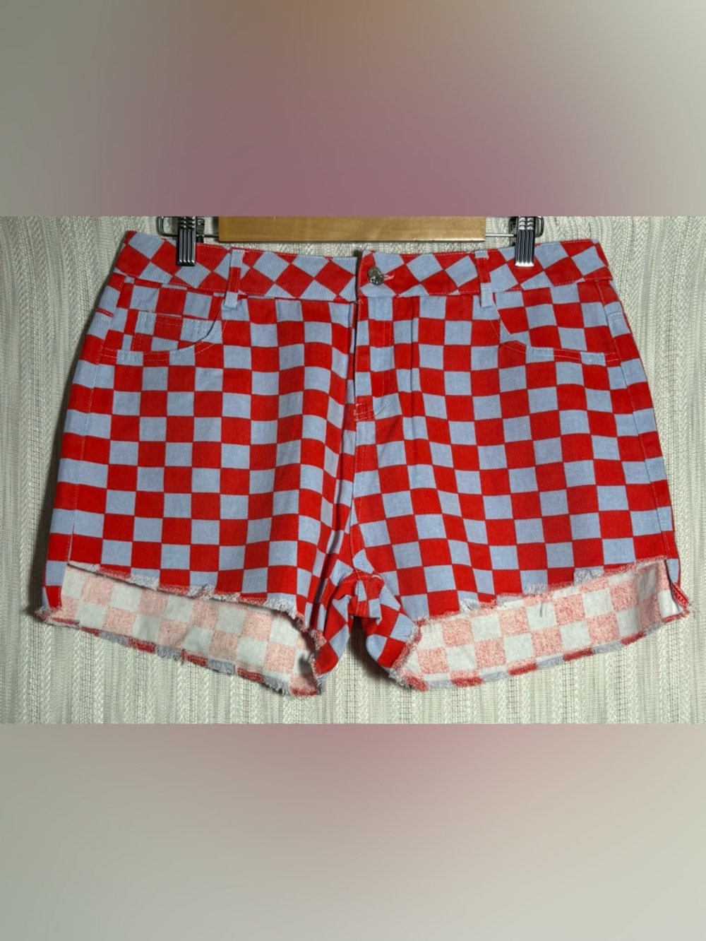 Edikted Red and Light Blue Checkerboard Jean Shorts